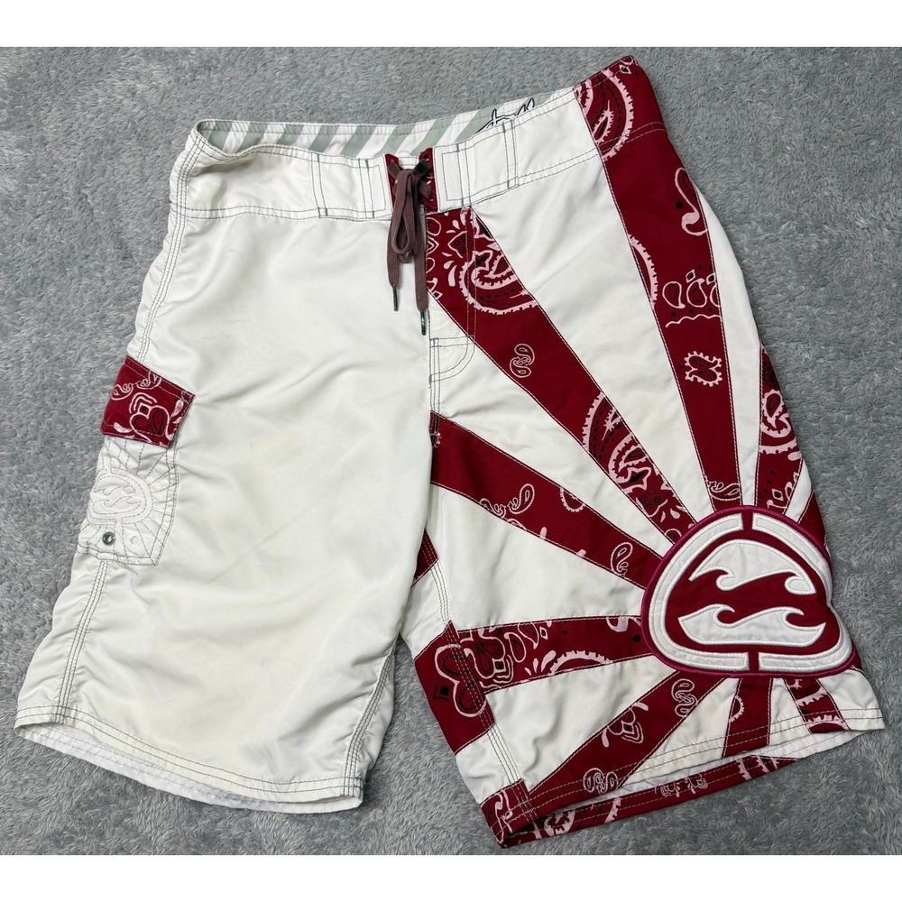 VTG Billabong Board Shorts Mens 32 White Red Andy Irons Paisley Rising Sun Surf